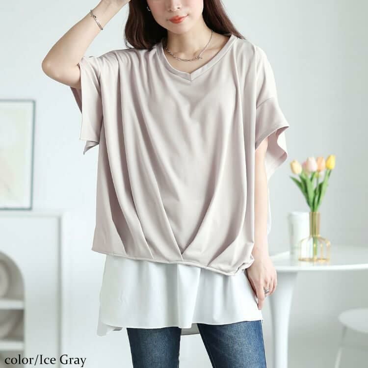 大きいサイズ レディース Vネックタケノコタックカットソー　maru-30147【メール便可】 アイスグレー