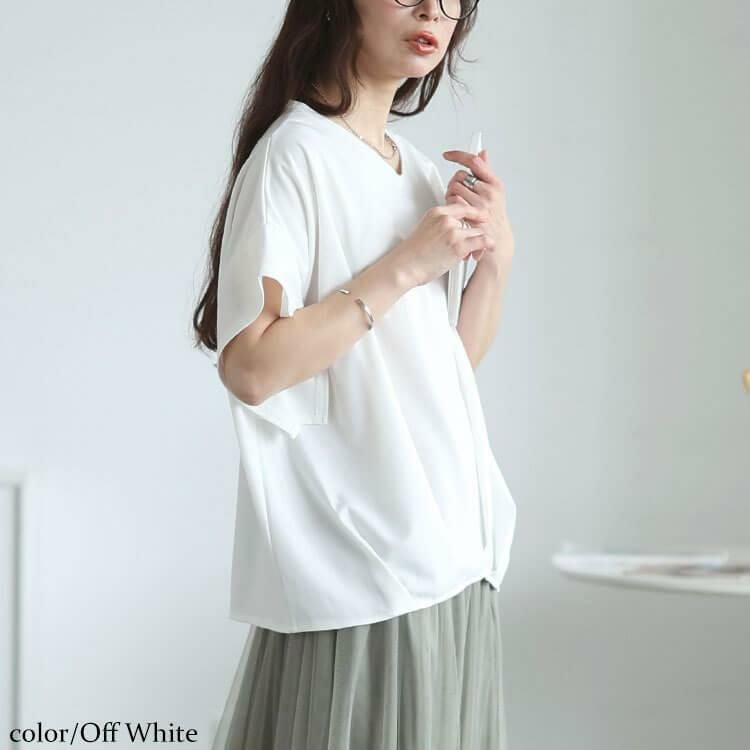 大きいサイズ レディース Vネックタケノコタックカットソー　maru-30147【メール便可】 オフホワイト