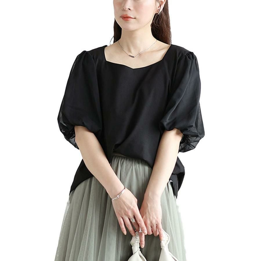 大きいサイズ レディース シフォンバルーンスリーブプルオーバー　maru-30146【メール便可】 ブラック