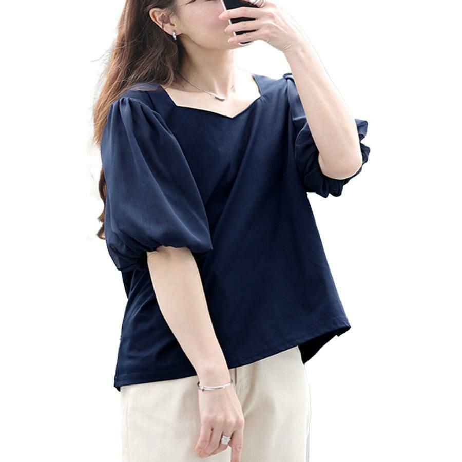 美品☆Drawer バルーンスリーブトップス　ネイビー イベントセール】 大きいサイズ レディース シフォンバルーンスリーブ