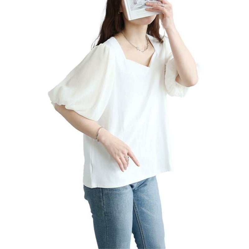 大きいサイズ レディース シフォンバルーンスリーブプルオーバー　maru-30146【メール便可】 オフホワイト