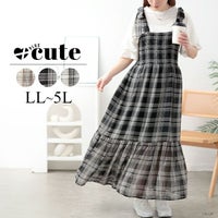 大きいサイズ レディース チェック柄肩リボンワンピース　tani-36818ll