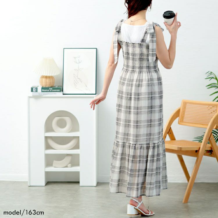 大きいサイズ レディース チェック柄肩リボンワンピース　tani-36818ll