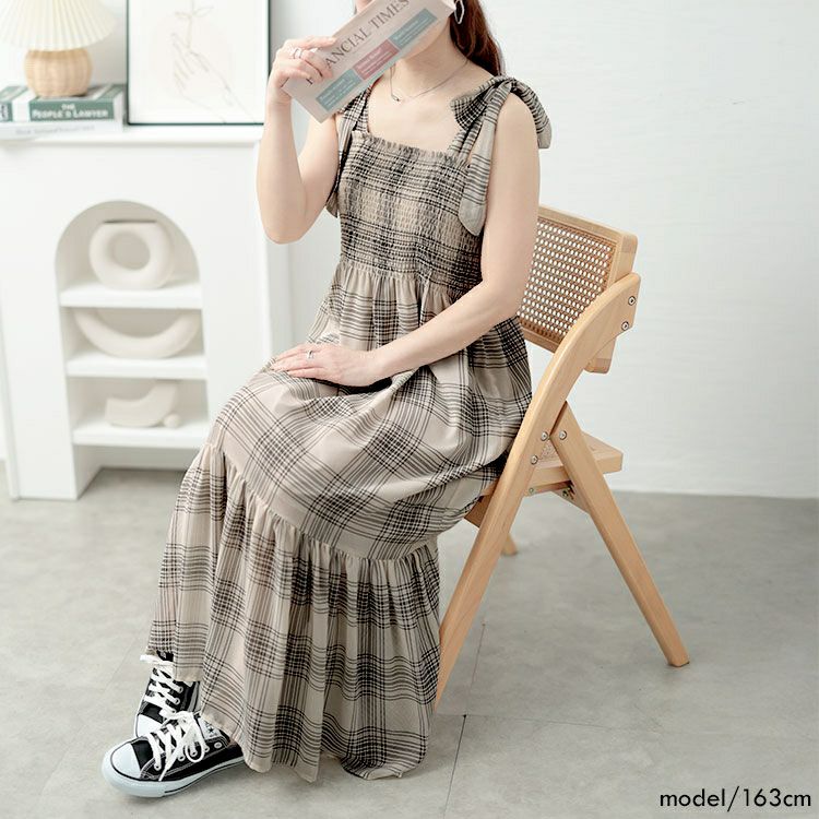 大きいサイズ レディース チェック柄肩リボンワンピース　tani-36818ll