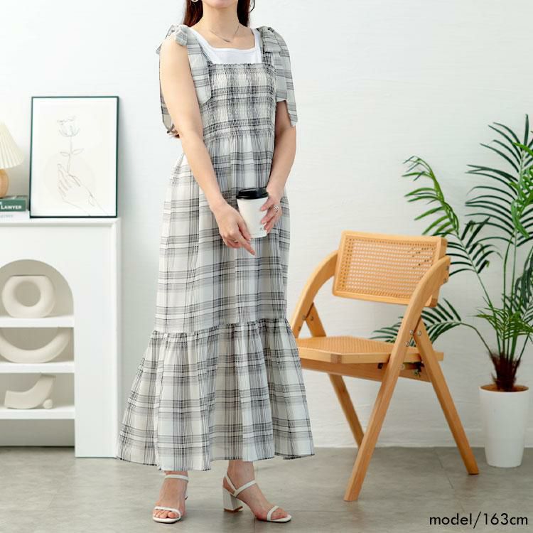 大きいサイズ レディース チェック柄肩リボンワンピース　tani-36818ll オフホワイト