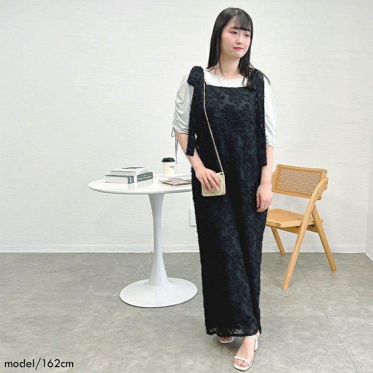 大きいサイズ レディース フェザージャガード肩リボンサロペットパンツ　tani-36806ll