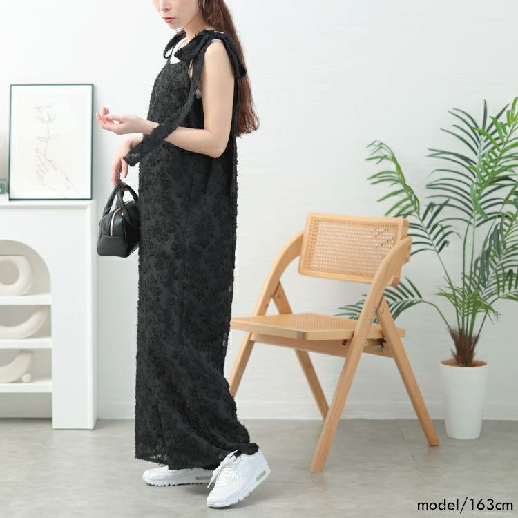 大きいサイズ レディース フェザージャガード肩リボンサロペットパンツ　tani-36806ll