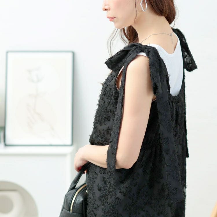 大きいサイズ レディース フェザージャガード肩リボンサロペットパンツ　tani-36806ll