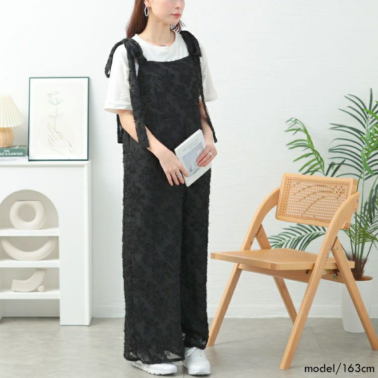 大きいサイズ レディース フェザージャガード肩リボンサロペットパンツ　tani-36806ll