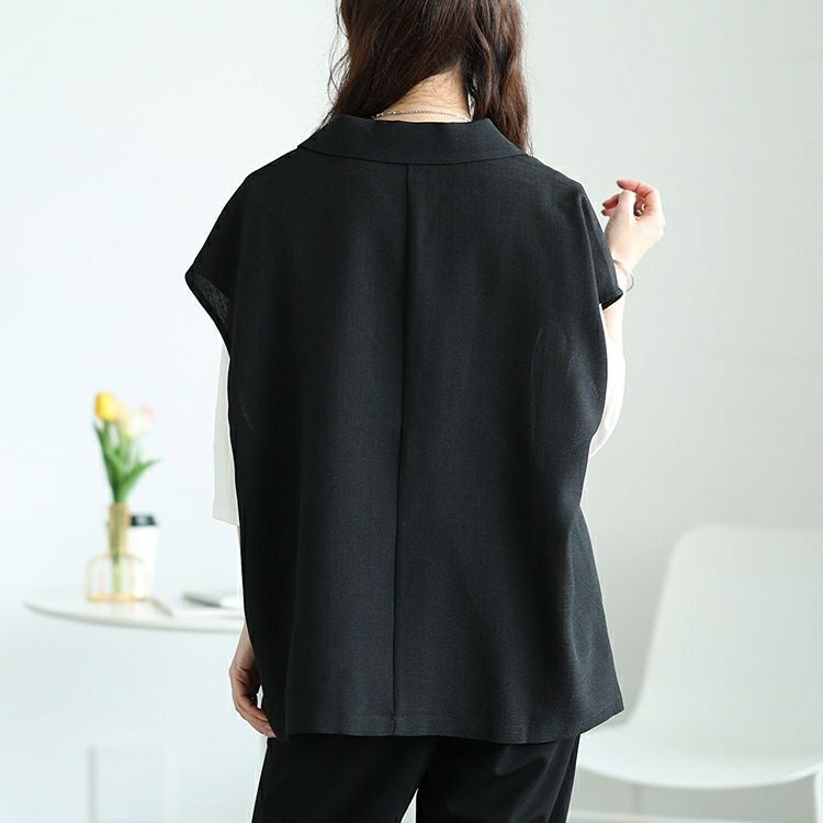 大きいサイズ レディース 麻調テーラードジレ　tani-36767ll【メール便可】