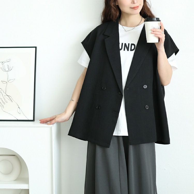 大きいサイズ レディース 麻調テーラードジレ　tani-36767ll【メール便可】