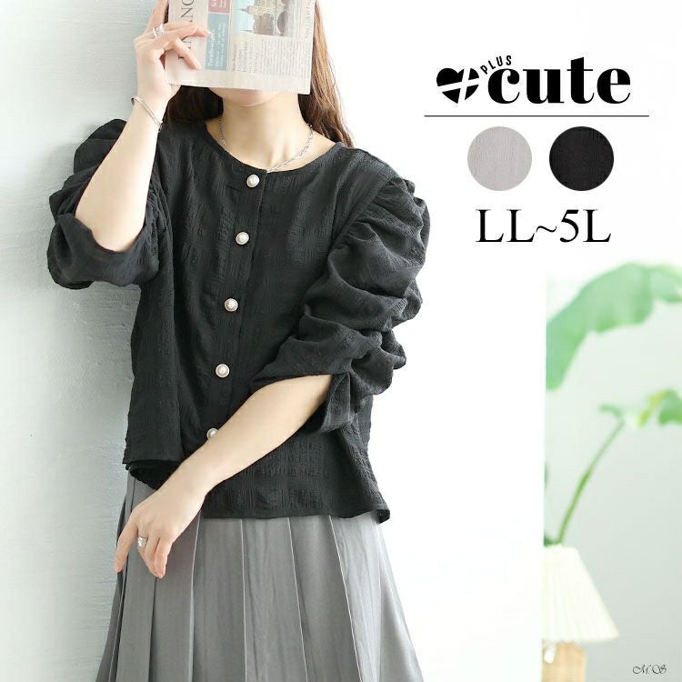 大きいサイズ レディース パールボタンパワショルブラウス　tani-36579ll