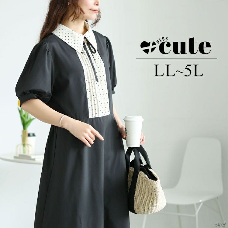 大きいサイズ レディース ドットピンタック切り替えリボンワンピース　tani-36136ll