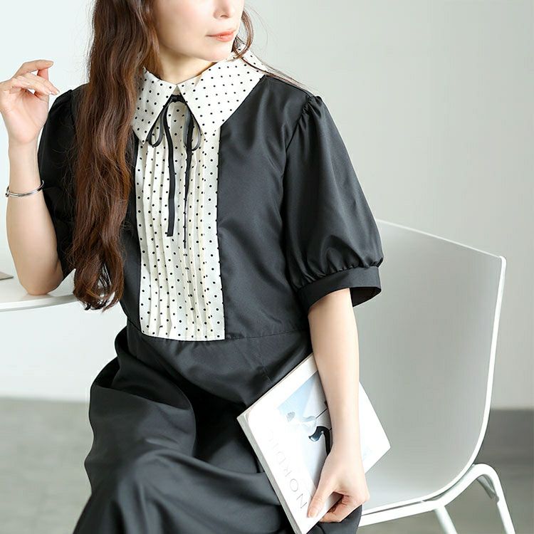 大きいサイズ レディース ドットピンタック切り替えリボンワンピース　tani-36136ll