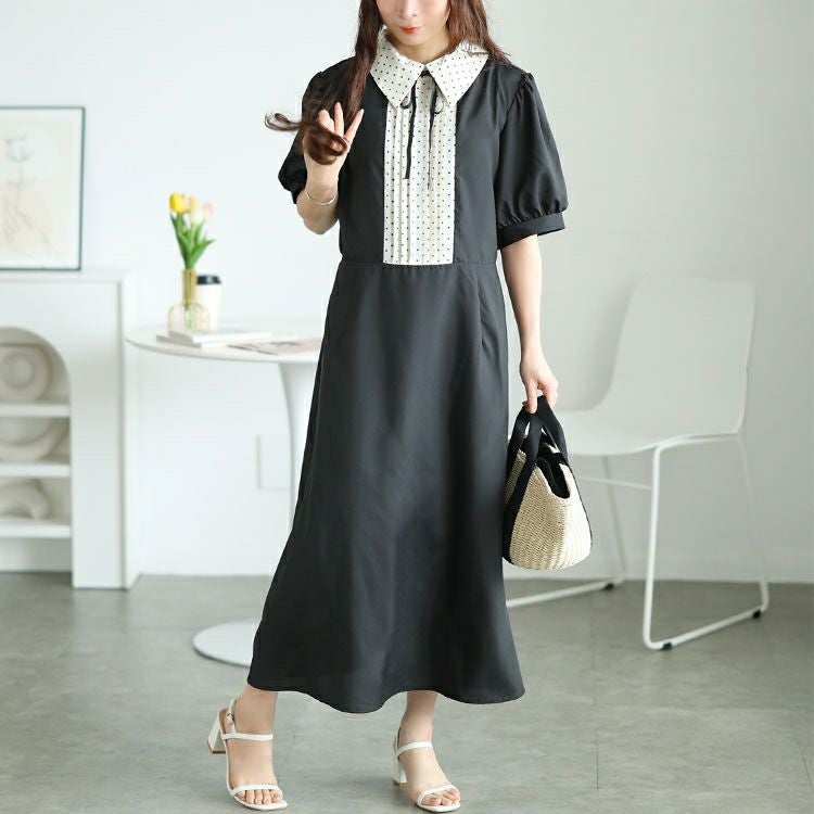 大きいサイズ レディース ドットピンタック切り替えリボンワンピース　tani-36136ll