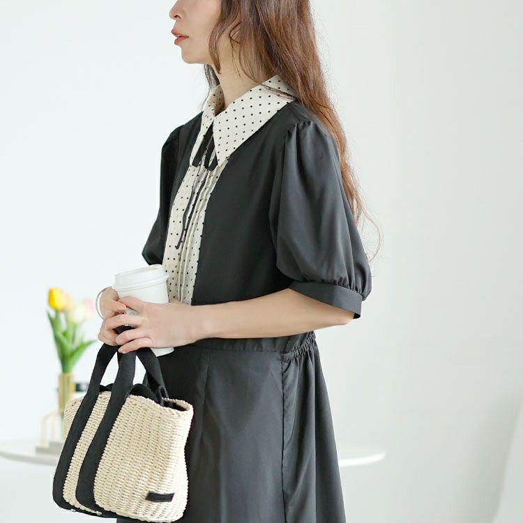 大きいサイズ レディース ドットピンタック切り替えリボンワンピース　tani-36136ll