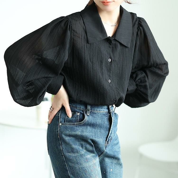 大きいサイズ レディース ボリュームスリーブシワ加工シアーシャツ　jp523【メール便可】 ブラック