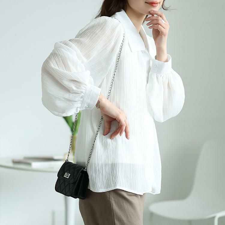 大きいサイズ レディース ボリュームスリーブシワ加工シアーシャツ　jp523【メール便可】 ホワイト