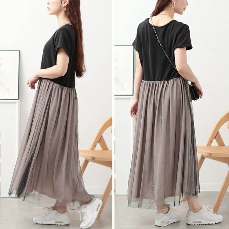 大きいサイズ レディース 配色チュールドッキングワンピース　jp526