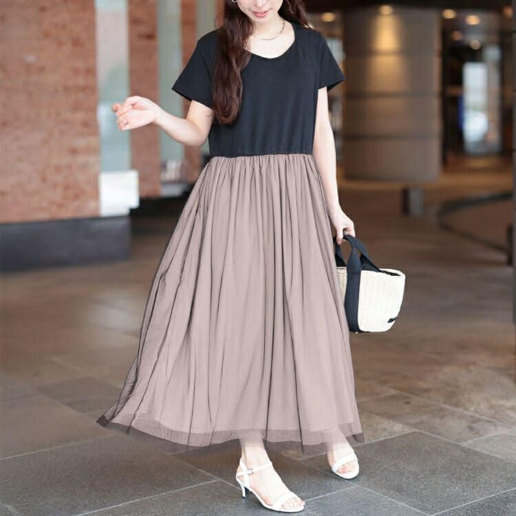 大きいサイズ レディース 配色チュールドッキングワンピース　jp526