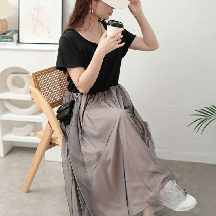 大きいサイズ レディース 配色チュールドッキングワンピース　jp526