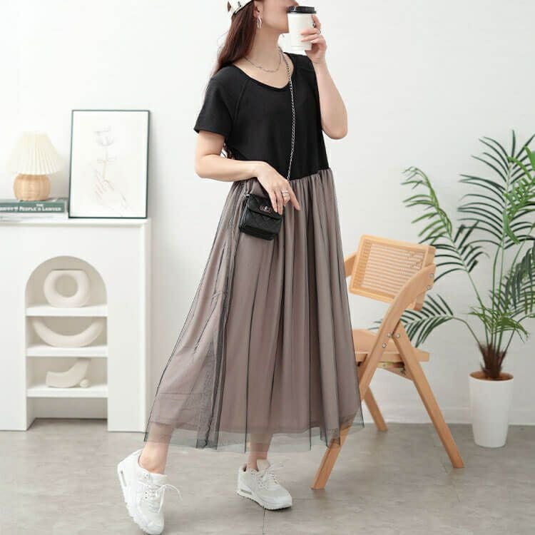 大きいサイズ レディース 配色チュールドッキングワンピース　jp526