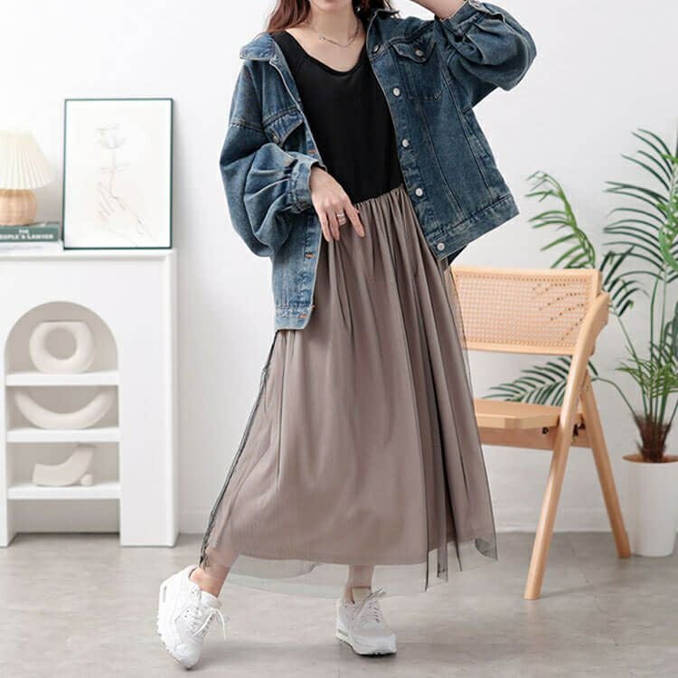 大きいサイズ レディース 配色チュールドッキングワンピース　jp526