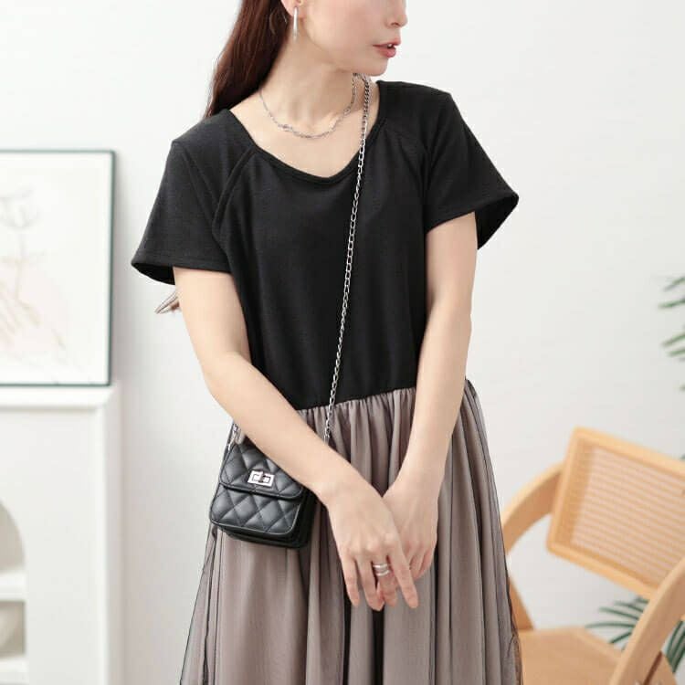 大きいサイズ レディース 配色チュールドッキングワンピース　jp526