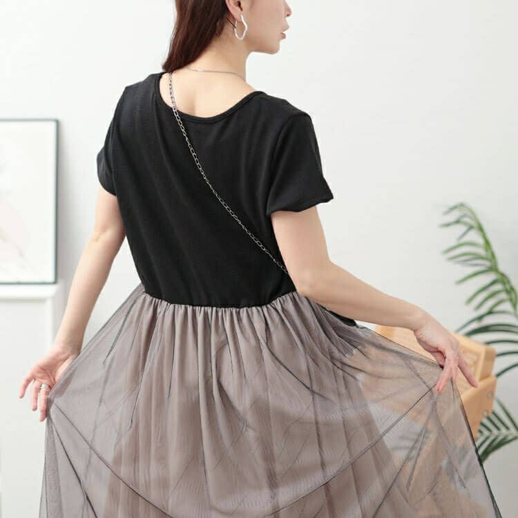 大きいサイズ レディース 配色チュールドッキングワンピース　jp526