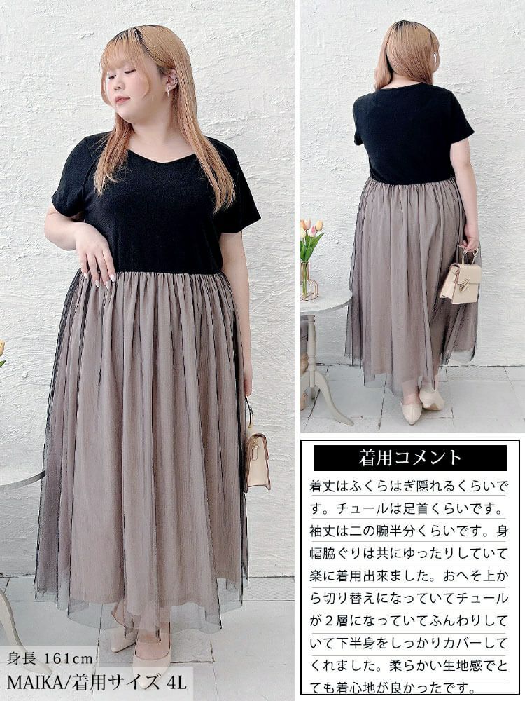 大きいサイズ レディース 配色チュールドッキングワンピース　jp526