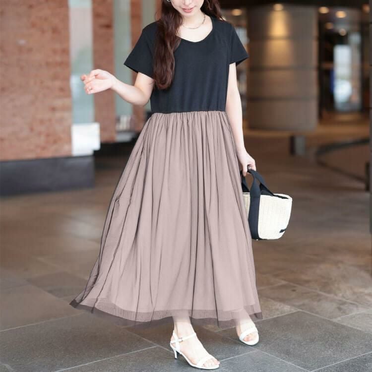 大きいサイズ レディース 配色チュールドッキングワンピース　jp526 ブラック