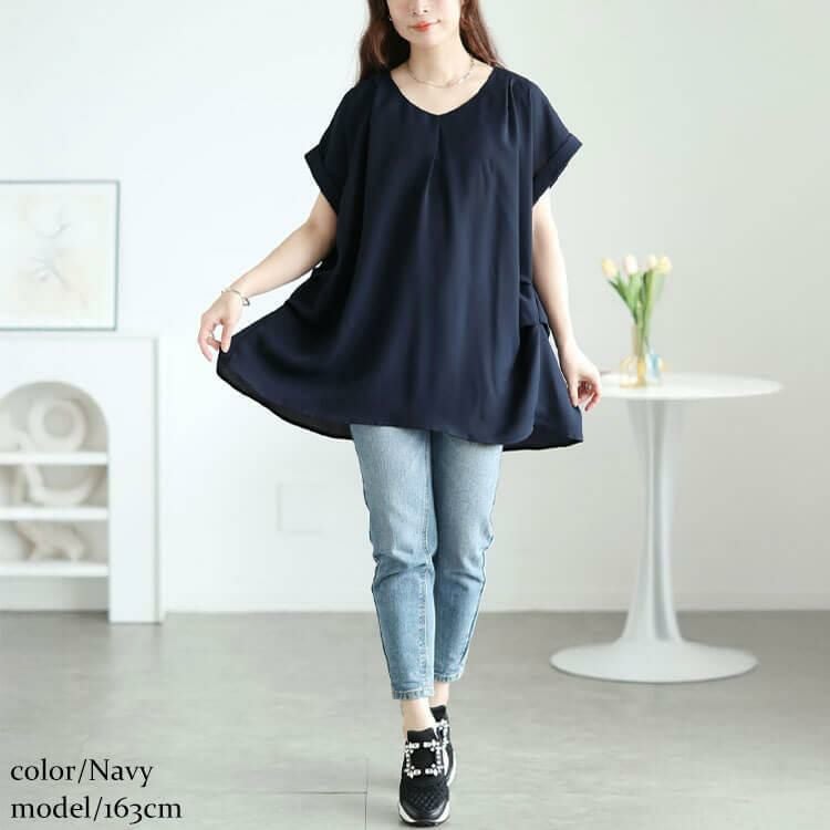 大きいサイズ レディース バックプリーツタックドルマンチュニック　jp522【メール便可】 ネイビー