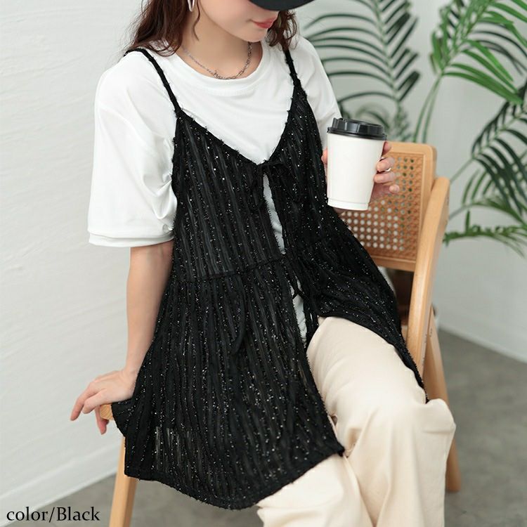 大きいサイズ レディース ラメストライプリボンキャミチュニック　jp532【メール便可】