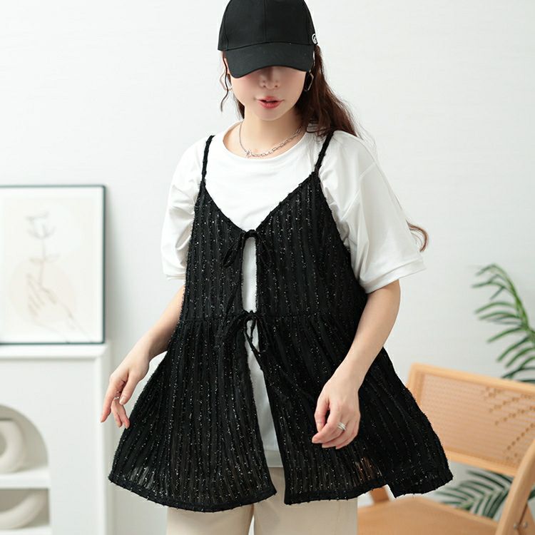 大きいサイズ レディース ラメストライプリボンキャミチュニック　jp532【メール便可】