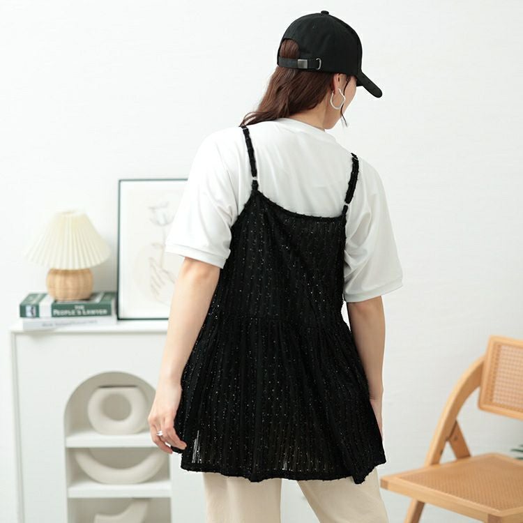 大きいサイズ レディース ラメストライプリボンキャミチュニック　jp532【メール便可】