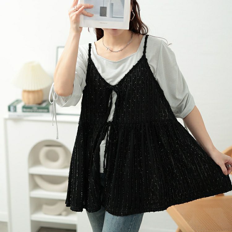 大きいサイズ レディース ラメストライプリボンキャミチュニック　jp532【メール便可】