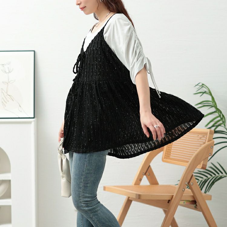 大きいサイズ レディース ラメストライプリボンキャミチュニック　jp532【メール便可】