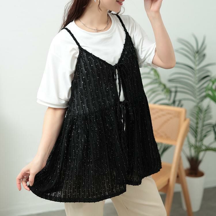 大きいサイズ レディース ラメストライプリボンキャミチュニック　jp532【メール便可】 ブラック