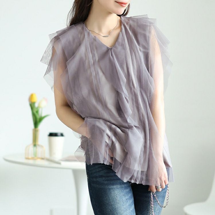 大きいサイズ レディース フリル＆タックチュールレイヤードトップス　jp525【メール便可】