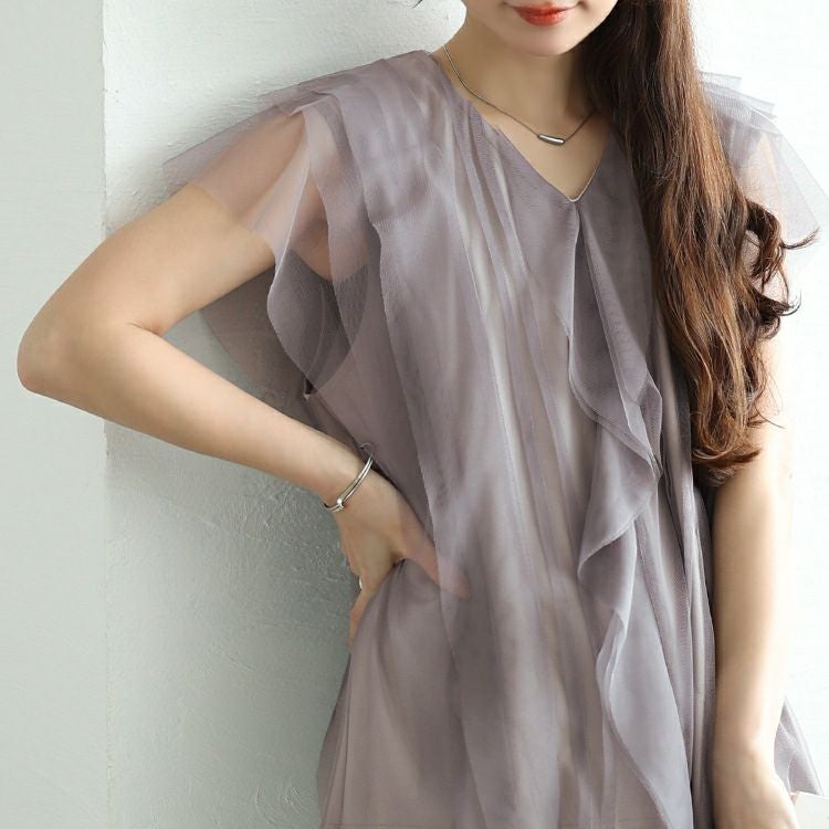 大きいサイズ レディース フリル＆タックチュールレイヤードトップス　jp525【メール便可】