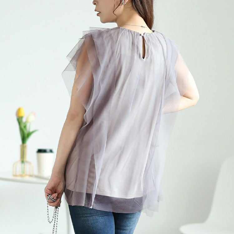 大きいサイズ レディース フリル＆タックチュールレイヤードトップス　jp525【メール便可】