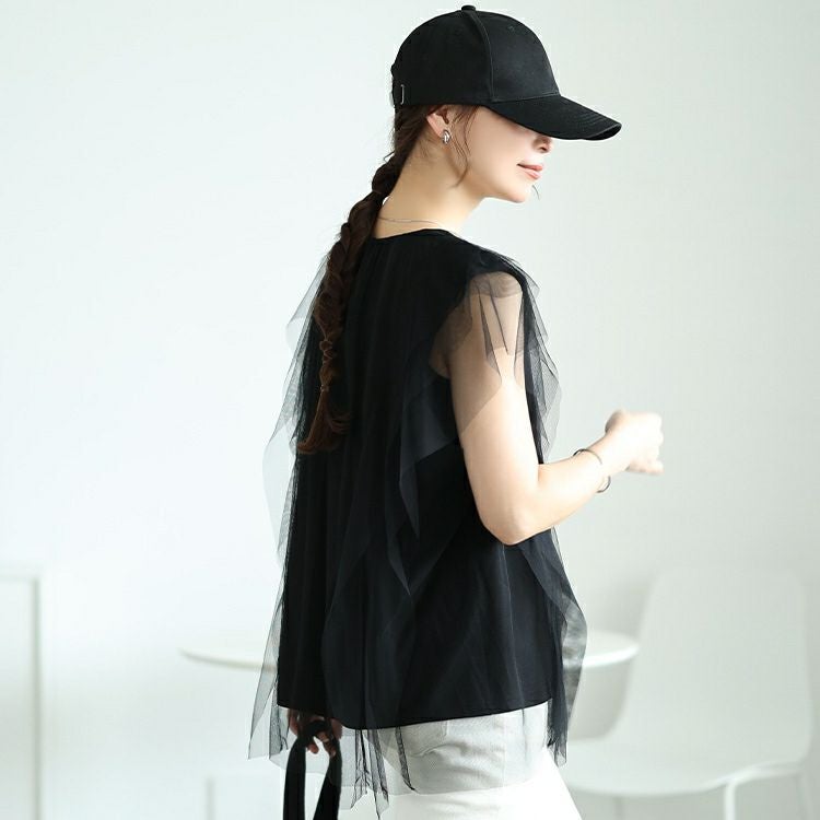 大きいサイズ レディース フリル＆タックチュールレイヤードトップス　jp525【メール便可】