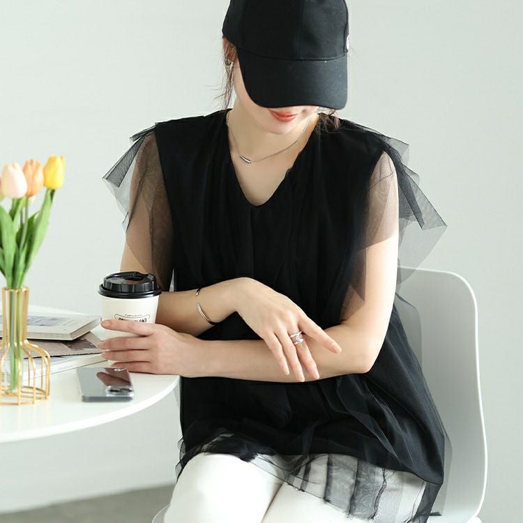 大きいサイズ レディース フリル＆タックチュールレイヤードトップス　jp525【メール便可】