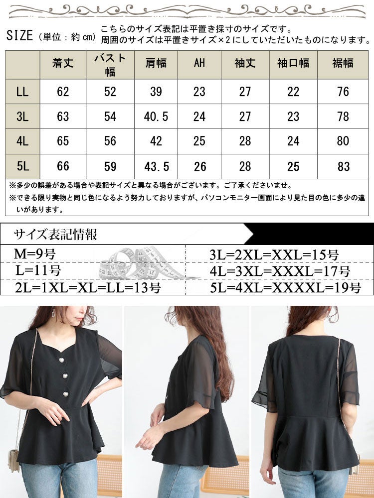 大きいサイズ レディース ハートネックパールボタンペプラムトップス