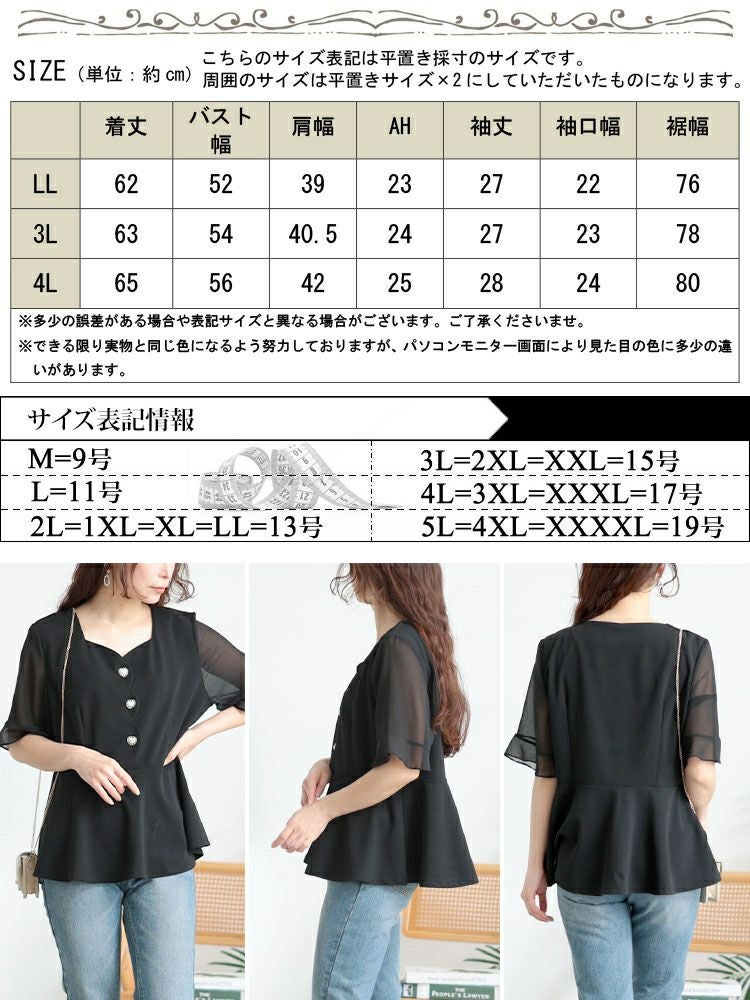 大きいサイズ レディース ハートネックパールボタンペプラムトップス　goldy-1662【メール便可】