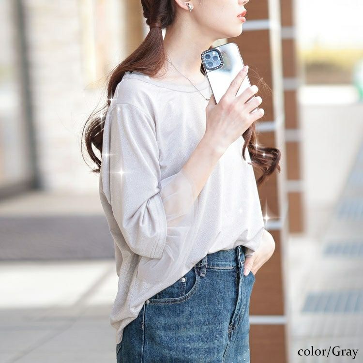 大きいサイズ レディース チュールフレアスリーブラメカットソー　fem-571【メール便可】