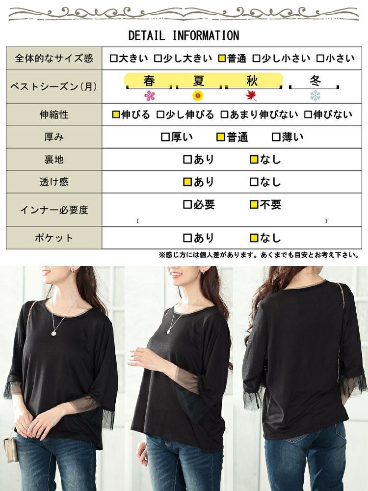 大きいサイズ レディース チュールフレアスリーブラメカットソー　fem-571【メール便可】