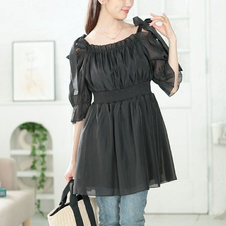 大きいサイズ レディース リボンオフショルペプラムチュニック　tana-351019