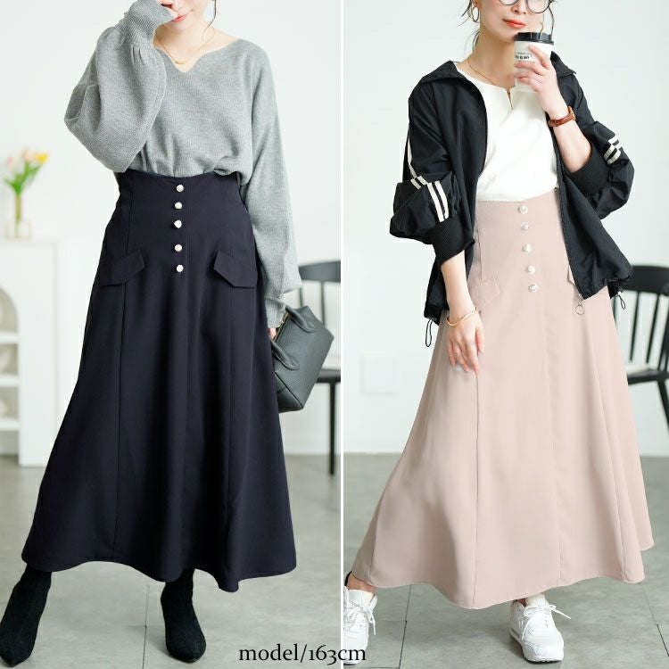 大きいサイズ レディース パールボタンとろみツイルフレアスカート　tana-651009