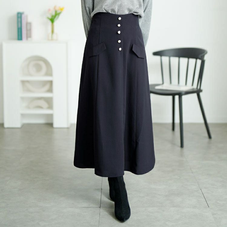 大きいサイズ レディース パールボタンとろみツイルフレアスカート　tana-651009